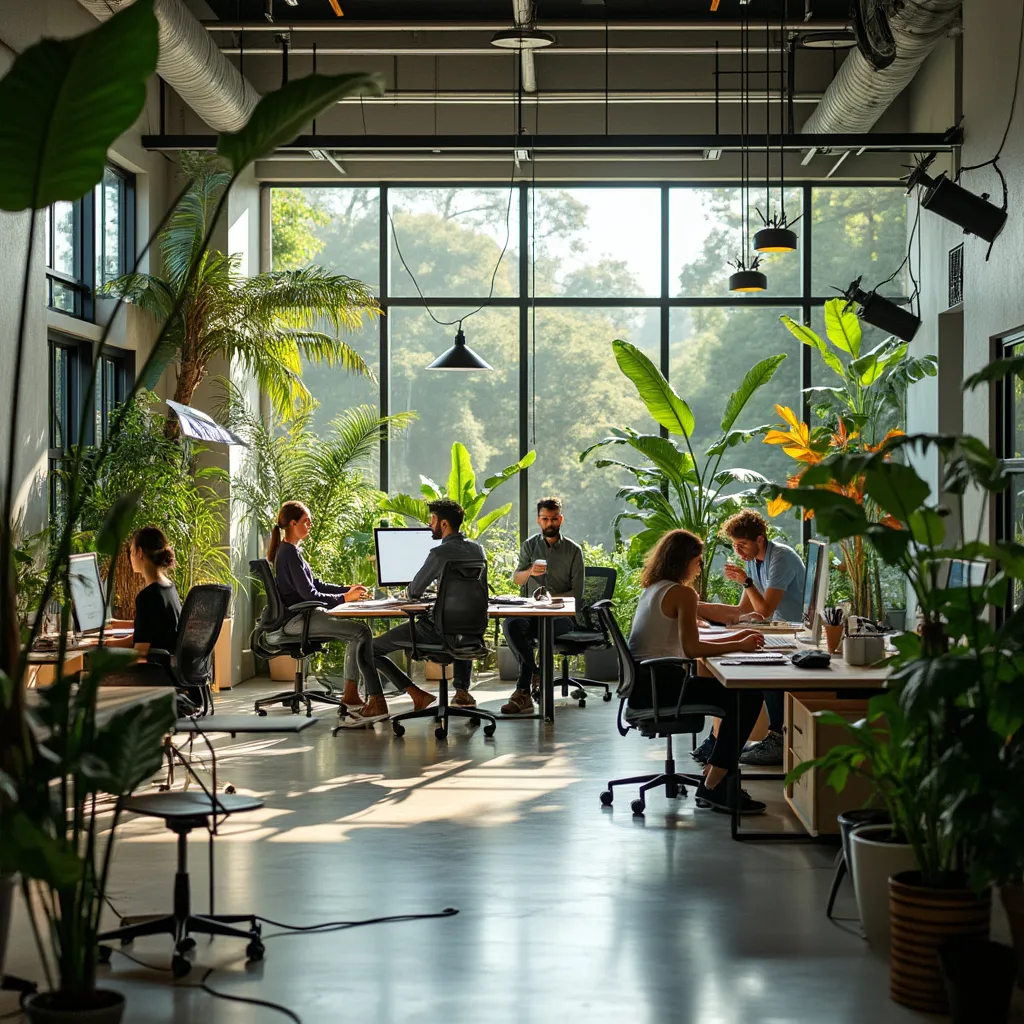 Escritório de design colaborativo no Brasil com elementos tropicais